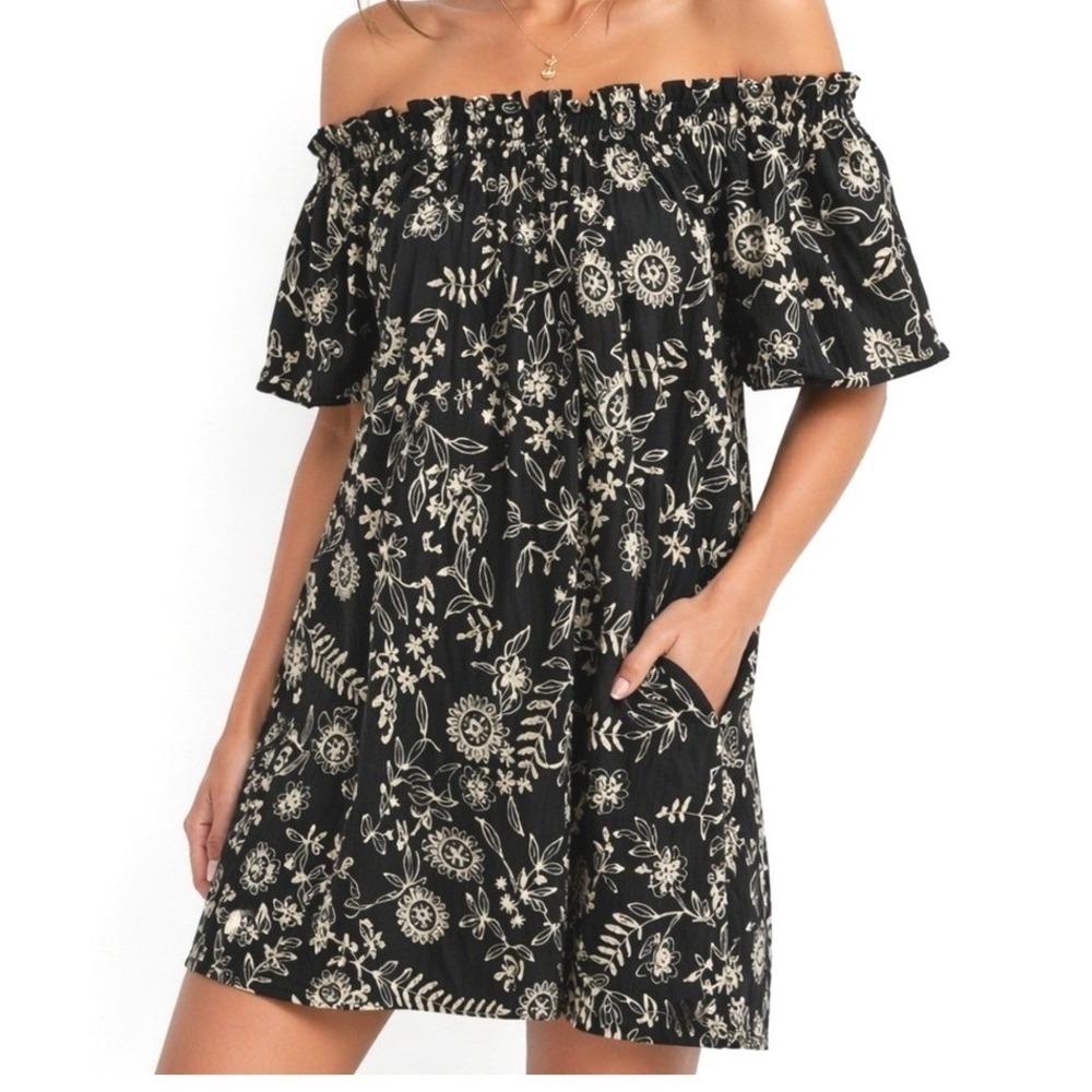 Chepe Italy Off The‎ Shoulder Mini Dress Black White Floral Embroidered XL NWT